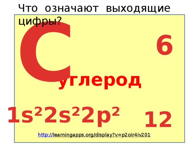 С Что означают выходящие цифры? углерод 6 1s²2s²2p² 12 http:// learningapps.org/display?v=p2oir4iv201