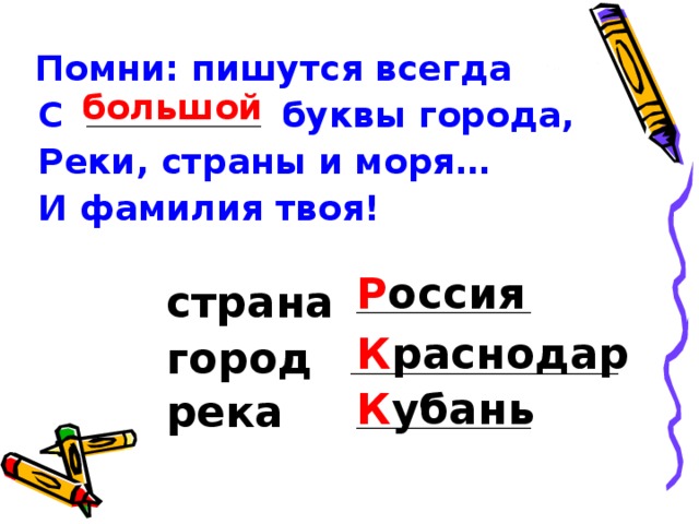 Помни: пишутся всегда  С буквы города,  Реки, страны и моря…  И фамилия твоя!     страна     город     река  большой _______________ Р оссия _______________ К раснодар _______________________ К убань _______________