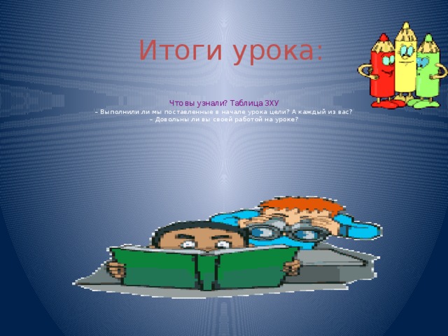 Итоги урока:   Что вы узнали? Таблица ЗХУ  – Выполнили ли мы поставленные в начале урока цели? А каждый из вас?  – Довольны ли вы своей работой на уроке?