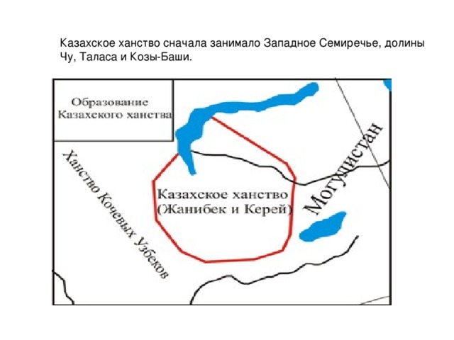 Казахское ханство сначала занимало Западное Семиречье, долины Чу, Таласа и Козы-Баши.