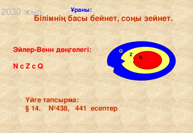 Ұраны: 2030 жыл Білімнің басы бейнет, соңы зейнет.    Эйлер-Венн дөңгелегі:  N c Z c Q Q Z N Үйге тапсырма: § 14. №438, 441 есептер