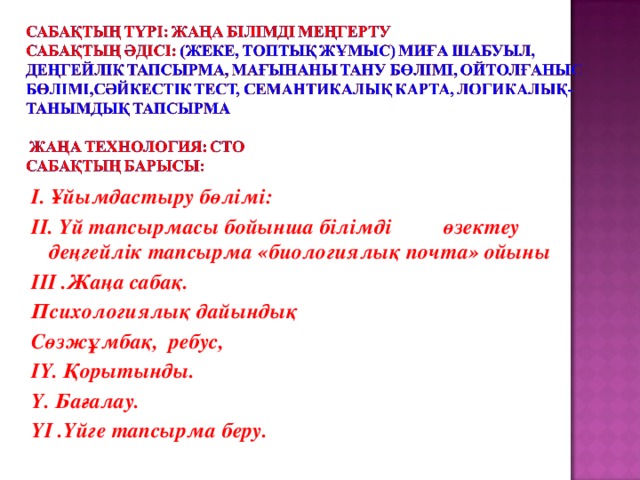 І. Ұйымдастыру бөлімі: ІІ. Үй тапсырмасы бойынша білімді   өзектеу деңгейлік тапсырма «биологиялық почта» ойыны ІІІ .Жаңа сабақ. Психологиялық дайындық Сөзжұмбақ, ребус, ІҮ. Қорытынды. Ү. Бағалау. ҮІ .Үйге тапсырма беру.