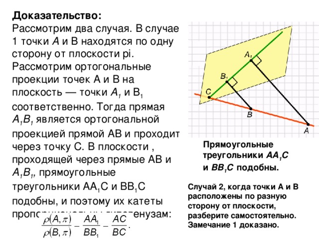Доказательство: Рассмотрим два случая. В случае 1 точки А и В находятся по одну сторону от плоскости pi . Рассмотрим ортогональные проекции точек А и В на плоскость — точки А 1  и B 1 соответственно. Тогда прямая A 1 B 1  является ортогональной проекцией прямой AВ и проходит через точку С. В плоскости , проходящей через прямые AВ и А 1 В 1 , прямоугольные треугольники AA 1 С и BB 1 C подобны, и поэтому их катеты пропорциональны гипотенузам: Прямоугольные треугольники AA 1 C и ВВ 1 С подобны. Случай 2, когда точки А и В расположены по разную сторону от плоскости, разберите самостоятельно. Замечание 1 доказано.