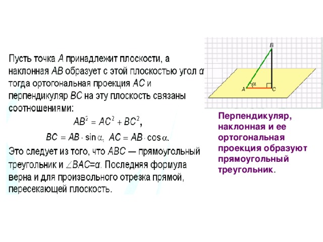 Перпендикуляр, наклонная и ее ортогональная проекция образуют прямоугольный треугольник .