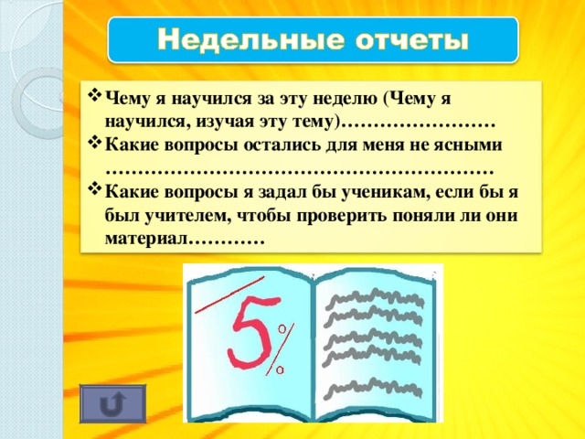 Чему я научился за эту неделю (Чему я научился, изучая эту тему)…………………… Какие вопросы остались для меня не ясными …………………………………………………… Какие вопросы я задал бы ученикам, если бы я был учителем, чтобы проверить поняли ли они материал…………