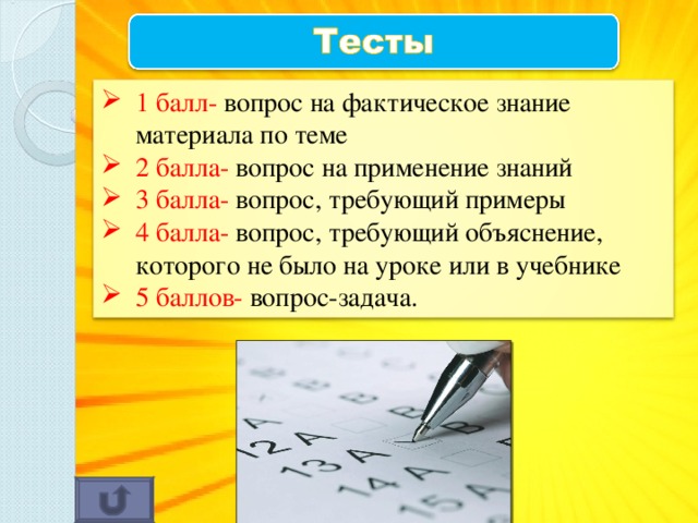 1 балл- вопрос на фактическое знание материала по теме 2 балла- вопрос на применение знаний 3 балла- вопрос, требующий примеры 4 балла- вопрос, требующий объяснение, которого не было на уроке или в учебнике 5 баллов- вопрос-задача.