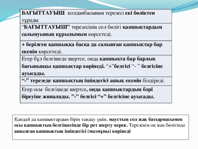 БАҒЫТТАУЫШ қолданбасының терезесі екі бөліктен тұрады “ БАҒЫТТАУЫШ” терезесінің сол бөлігі қапшықтардың салынуының құрылымын көрсетеді. + берілген қапшыққа басқа да салынған қапшықтар бар екенін көрсетеді. Егер бұл белгішеде шертсе, онда қапшықта бар барлық бағыныңқы қапшықтар көрінеді. “+” белгісі “- ” белгісіне ауысады. “ -” терезеде қапшықтың ішіндегісі ашық екенін білдіреді. Егер осы белгішеде шертсе , онда қапшықтардың бәрі біреуіне жиналады. ”-” белгісі “+” белгісіне ауысады. Қандай да қапшықтардың бірін таңдау үшін, маустың сол жақ батырмасымен осы қапшықтың белгішесінде бір рет шерту керек. Терезенің оң жақ бөлігінде ашылған қапшықтың ішіндегісі (мазмұны) көрінеді