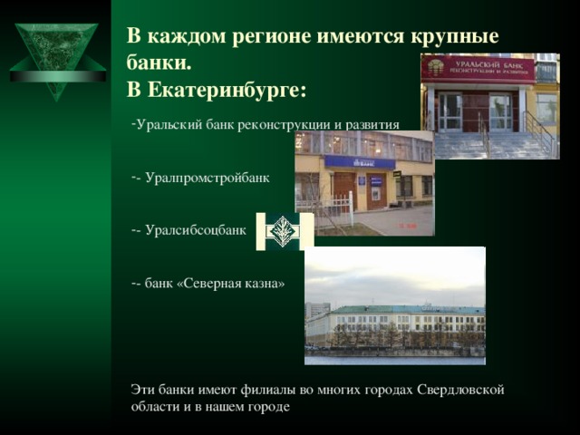 В каждом регионе имеются крупные банки.  В Екатеринбурге: Уральский банк реконструкции и развития  - Уралпромстройбанк  - Уралсибсоцбанк  - банк «Северная казна»  Эти банки имеют филиалы во многих городах Свердловской области и в нашем городе