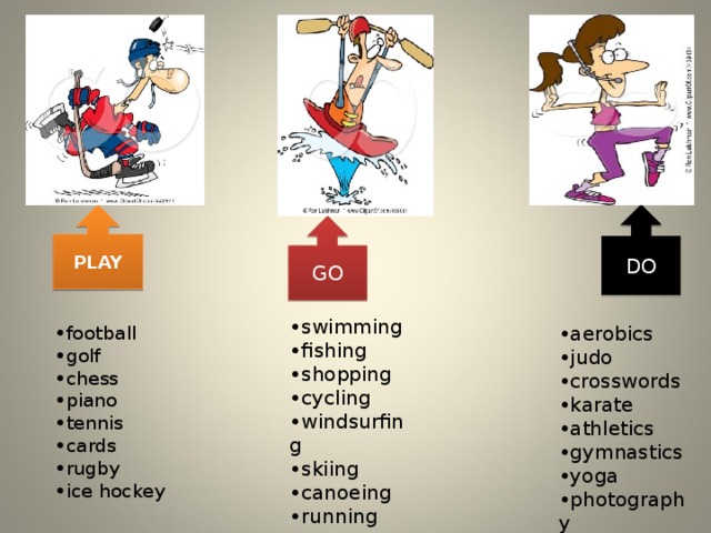 PLAY DO GO • swimming • fishing • shopping • cycling • windsurfing • skiing • canoeing • running • football • golf • chess • piano • tennis • cards • rugby • ice hockey • aerobics • judo • crosswords • karate • athletics • gymnastics • yoga • photography