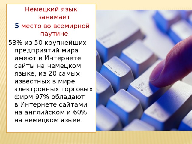 Немецкий язык занимает  5 место во всемирной паутине 53% из 50 крупнейших предприятий мира имеют в Интернете сайты на немецком языке, из 20 самых известных в мире электронных торговых фирм 97% обладают в Интернете сайтами на английском и 60% на немецком языке.