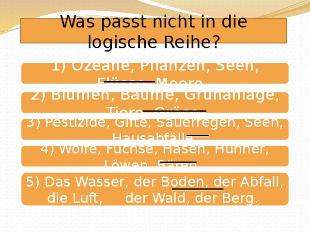 Was passt nicht in die logische Reihe? 1) Ozeane, Pflanzen, Seen, Flüsse, Meere. 2) Blumen, Bäume, Grünanlage, Tiere, Gräse. 3) Pestizide, Gifte, Sauerregen, Seen, Hausabfälle. 4) Wölfe, Füchse, Hasen, Hühner, Löwen, Bären. 5) Das Wasser, der Boden, der Abfall, die Luft, der Wald, der Berg.