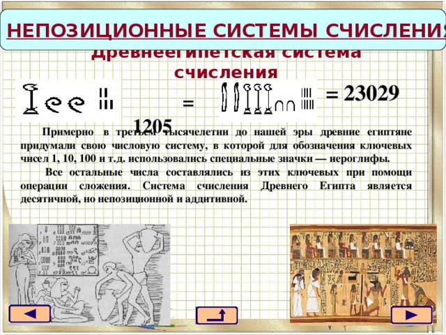 НЕПОЗИЦИОННЫЕ СИСТЕМЫ СЧИСЛЕНИЯ   Древнеегипетская система счисления = 23029  = 1205 Примерно   в третьем тысячелетии до нашей эры древние египтяне придумали свою числовую систему, в которой для обозначения ключевых чисел 1, 10, 100 и т.д. использовались специальные значки — иероглифы.   Все остальные числа составлялись из этих ключевых при помощи операции сложения. Система счисления Древнего Египта является десятичной, но непозиционной и аддитивной.  Примерно  в третьем тысячелетии до нашей эры древние египтяне придумали свою числовую систему, в которой для обозначения ключевых чисел 1, 10, 100 и т.д. использовались специальные значки — иероглифы.           Все остальные числа составлялись из этих ключевых при помощи операции сложения. Система счисления Древнего Египта является десятичной, но непозиционной.   Записывались цифры числа начиная с больших значений и заканчивая меньшими. Если десятков, единиц, или какого-то другого разряда не было, то переходили к следующему разряду. назад