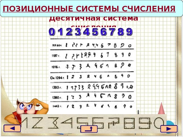 ПОЗИЦИОННЫЕ СИСТЕМЫ СЧИСЛЕНИЯ   Десятичная система счисления  Арабская нумерация самая распространенная на сегодняшний день нумерация, которой мы пользуемся в настоящее время.  Применяемые в настоящее время цифры 1234567890 сложились в Индии около 400 г.н.э. Арабы стали пользоваться подобной нумерацией около 800 г.н.э., а примерно в 1200 г.н.э. ее начали применять в Европе, однако в Европе они стали известны благодаря трудам арабских математиков, и потому за ними утвердилось название «арабские», хотя сами арабы вплоть до настоящего времени пользуются совсем другими символами.  Форма «арабских» цифр со временем сильно изменялась. Та форма, в которой мы их пишем, установилась XVI веке.  В России арабская нумерация стала использоваться при Петре I (до конца XVII века сохранилась славянская нумерация).  По мнению марроканского историка Абделькари Боунжира арабским цифрам в их первоначальном варианте было придано значение в строгом соответствии с числом углов, которые образуют фигуры.