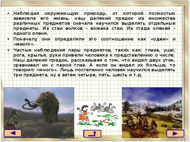 Наблюдая окружающую природу, от которой полностью зависела его жизнь, наш далекий предок из множества различных предметов сначала научился выделять отдельные предметы. Из стаи волков – вожака стаи. Из стада оленей – одного оленя. Поначалу они определяли это соотношение как «один» и «много». Частые наблюдения пары предметов, таких как: глаза, уши, рога, крылья, руки привели человека к представлению о числе. Наш далекий предок, рассказывая о том, что видел двух уток, сравнивал их с парой глаз. А если он видел их больше, то говорил: «много». Лишь постепенно человек научился выделять три предмета, ну а затем четыре, пять, шесть и т.д.