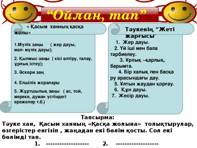 “ Ойлан, тап”  « Қасым ханның қасқа жолы» Мүлік заңы  ( жер дауы, мал- мүлік дауы);  2. Қылмыс заңы  ( кісі өлтіру, талау, ұрлық істеу);  3. Әскери заң  4. Елшілік жоралары   5. Жұртшылық заңы  ( ас, той, мереке, думан үстіндегі ережелер т.б.)   1. Жер дауы.    2. Үй іші мен бала тәрбиелеу.  3. Ұрлық –қарлық, барымта.  4. Бір халық пен басқа ру арасындағы дау.  5. Ұлтын жаудан қорғау.  6. Құн дауы.  7. Жесір дауы. Тәукенің “Жеті жарғысы ” Тапсырма: Тәуке хан, Қасым ханның «Қасқа жолына» толықтырулар, өзгерістер енгізіп , жаңадан екі бөлім қосты. Сол екі бөлімді тап.  1. ------------------- 2. -------------------