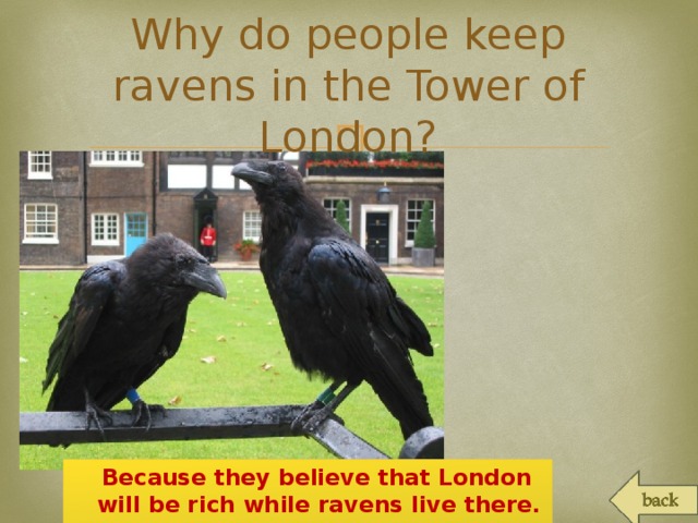 Why do people keep ravens in the Tower of London?  Because they believe that London will be rich while ravens live there.