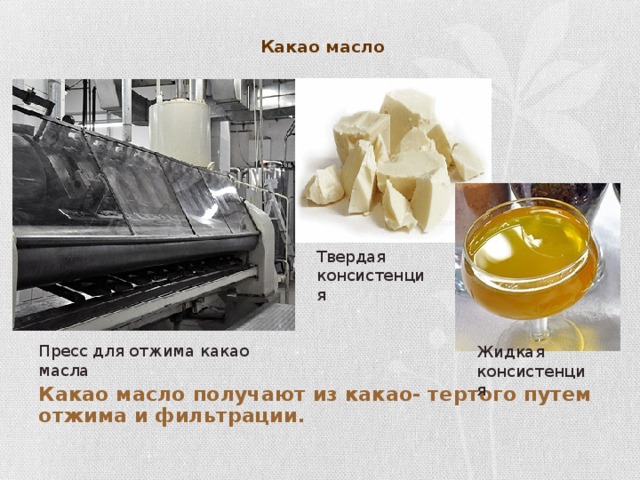 Какао масло Твердая консистенция Пресс для отжима какао масла Жидкая консистенция Какао масло получают из какао- тертого путем отжима и фильтрации.