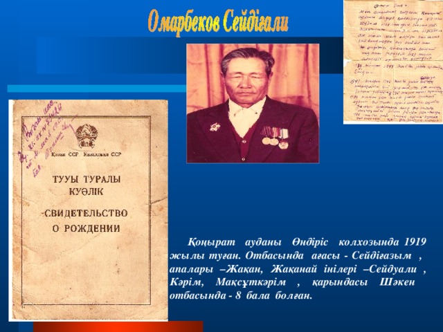 Қоңырат ауданы Өндіріс колхозында 1919 жылы туған. Отбасында ағасы - Сейдіғазым , апалары –Жақан, Жақанай інілері –Сейдуали , Кәрім, Мақсұткәрім , қарындасы Шәкен отбасында - 8 бала болған.