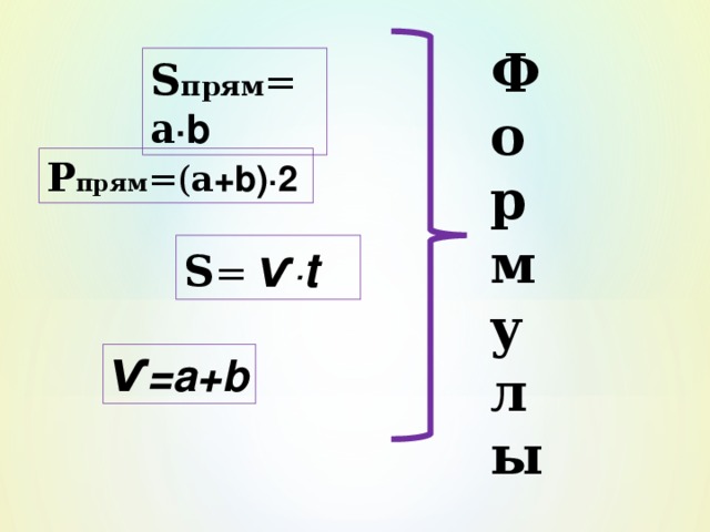 Формулы S прям = a ∙b P прям =( a +b)∙2 S = Ѵ∙ t На этом этапе выдвигаем гипотезы : что же называется формулами? Ѵ=a+b