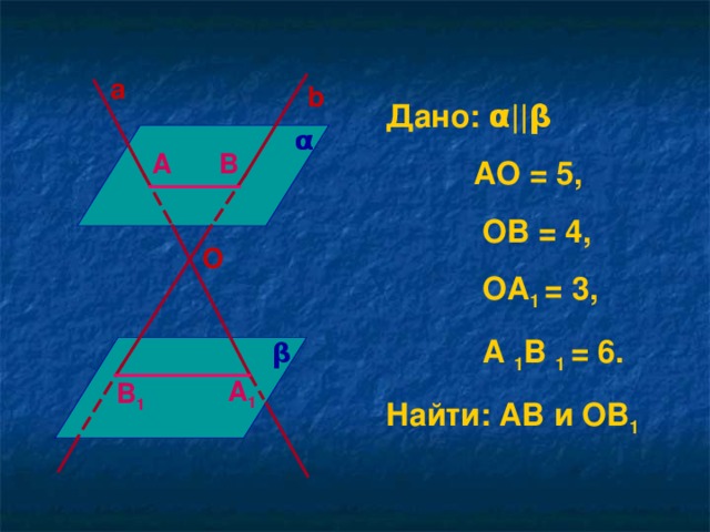 a b Дано: α || β  АО = 5,  ОВ = 4,  ОА 1 = 3,  А 1 В 1 = 6. Найти: АВ и ОВ 1 α A B O β A 1 B 1