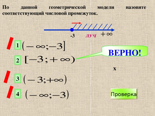 По данной геометрической модели назовите соответствующий числовой промежуток.  х -3 ЛУЧ 1 ВЕРНО! 2 3 Проверка 4