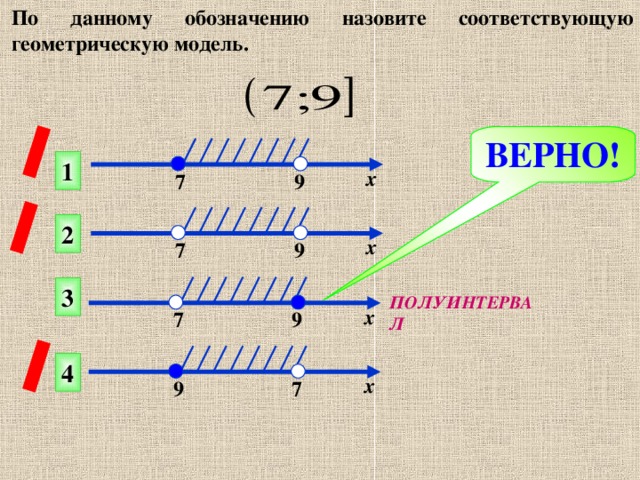 По данному обозначению назовите соответствующую геометрическую модель. ВЕРНО! 1 х  9 7 2 х 7  9 3 ПОЛУИНТЕРВАЛ х  9 7 4 х 9  7