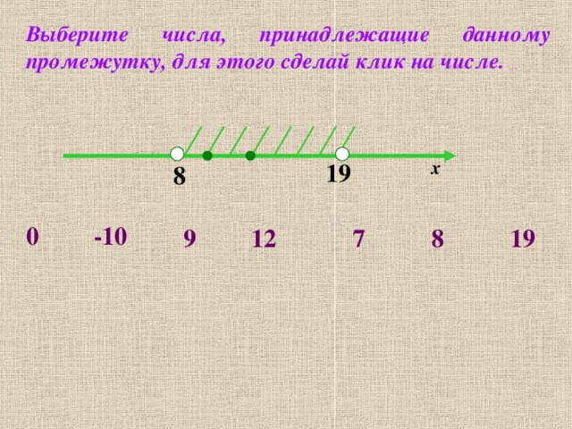 Выберите числа, принадлежащие данному промежутку, для этого сделай клик на числе. х 19 8 -10 0 7 8 19 9 12