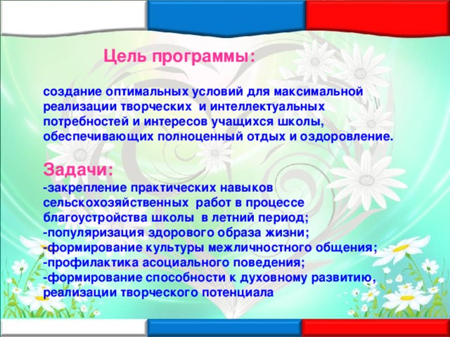 Цель программы: создание оптимальных условий для максимальной реализации творческих и интеллектуальных потребностей и интересов учащихся школы, обеспечивающих полноценный отдых и оздоровление.  Задачи: -закрепление практических навыков сельскохозяйственных работ в процессе благоустройства школы в летний период; -популяризация здорового образа жизни; -формирование культуры межличностного общения; -профилактика асоциального поведения; -формирование способности к духовному развитию, реализации творческого потенциала