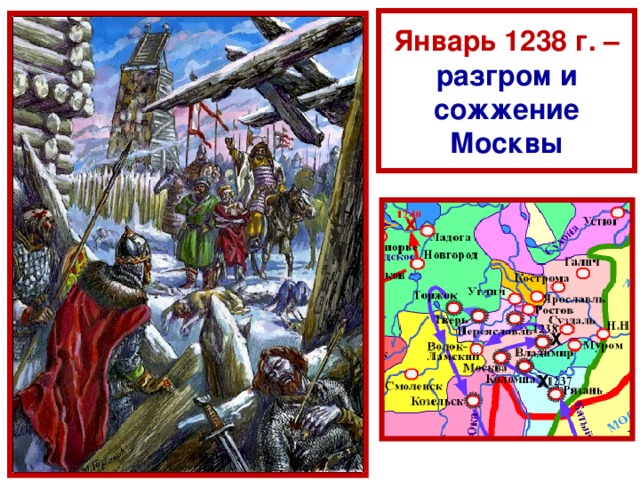 Январь 1238 г. - захват монголо-татарами Коломны. Рус с кие воины под обстрелом татар