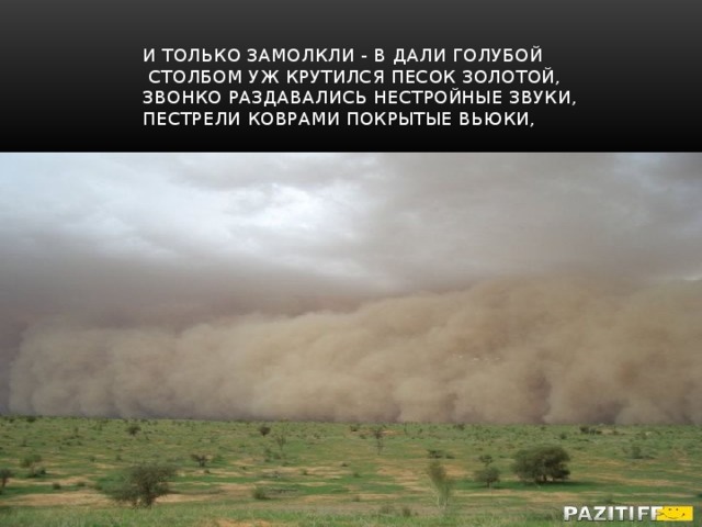 И только замолкли - в дали голубой  Столбом уж крутился песок золотой,  Звонко раздавались нестройные звуки,  Пестрели коврами покрытые вьюки,