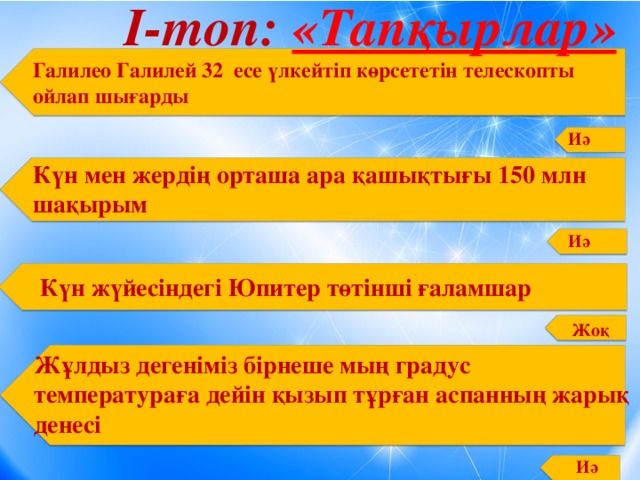 I-топ: «Тапқырлар» Галилео Галилей 32 есе үлкейтіп көрсететін телескопты ойлап шығарды Иә Күн мен жердің орташа ара қашықтығы 150 млн шақырым Иә Күн жүйесіндегі Юпитер төтінші ғаламшар Жоқ Жұлдыз дегеніміз бірнеше мың градус температураға дейін қызып тұрған аспанның жарық денесі Иә