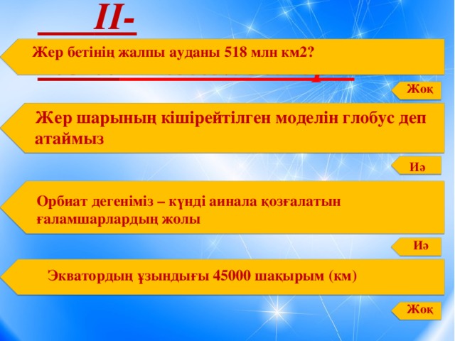 II-топ: «Білімділер»   Жер бетінің жалпы ауданы 518 млн км2? Жоқ Жер шарының кішірейтілген моделін глобус деп атаймыз Иә Орбиат дегеніміз – күнді аинала қозғалатын ғаламшарлардың жолы Иә Экватордың ұзындығы 45000 шақырым (км) Жоқ