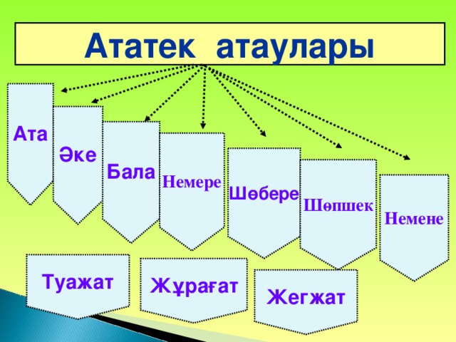 Ататек атаулары Ата Әке Бала Немере Шөбере Шөпшек Немене Туажат Жұрағат Жегжат