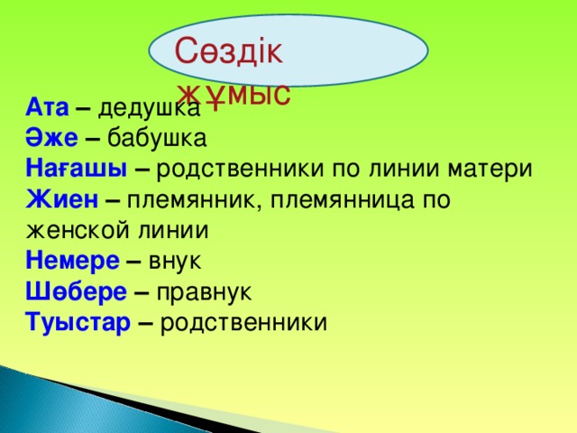 Сөздік жұмыс Ата –  дедушка Әже –  бабушка Нағашы –  родственники по линии матери Жиен –  племянник, племянница по женской линии Немере –  внук Шөбере –  правнук Туыстар –  родственники