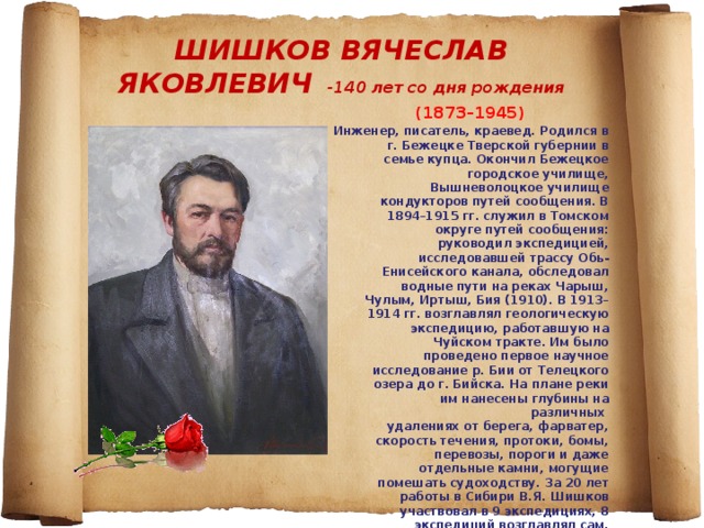 ШИШКОВ ВЯЧЕСЛАВ ЯКОВЛЕВИЧ -140 лет со дня рождения (1873–1945) Инженер, писатель, краевед. Родился в г. Бежецке Тверской губернии в семье купца. Окончил Бежецкое городское училище, Вышневолоцкое училище кондукторов путей сообщения. В 1894–1915 гг. служил в Томском округе путей сообщения: руководил экспедицией, исследовавшей трассу Обь-Енисейского канала, обследовал водные пути на реках Чарыш, Чулым, Иртыш, Бия (1910). В 1913–1914 гг. возглавлял геологическую экспедицию, работавшую на Чуйском тракте. Им было проведено первое научное исследование р. Бии от Телецкого озера до г. Бийска. На плане реки им нанесены глубины на различных   удалениях от берега, фарватер, скорость течения, протоки, бомы, перевозы, пороги и даже отдельные камни, могущие помешать судоходству. За 20 лет работы в Сибири В.Я. Шишков участвовал в 9 экспедициях, 8 экспедиций возглавлял сам. Результат его работы – сотни планов местности, выполненные цветной тушью на кальке, полный план р. Бии из 92 листов.