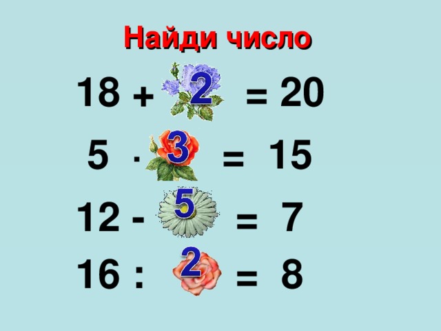 Найди число 18 + = 20  5 ∙ = 15 12 - = 7 16 : = 8