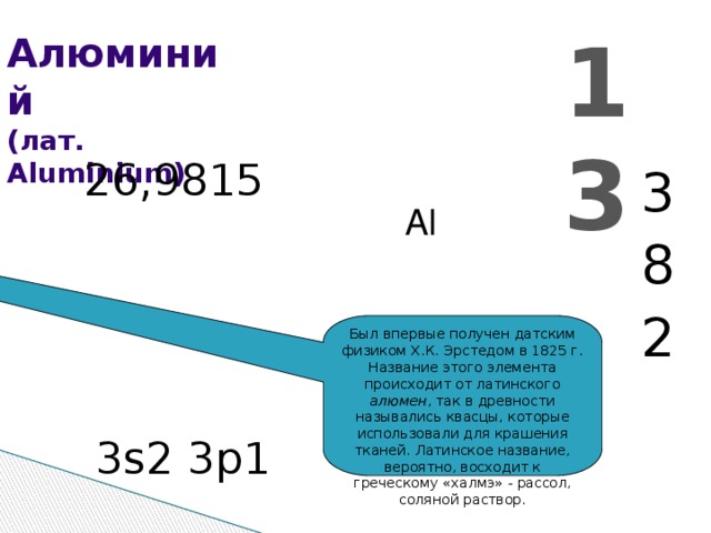 13 Алюминий  (лат. Aluminium) 26,9815 3 8 2 Al Был впервые получен датским физиком Х.К. Эрстедом в 1825 г. Название этого элемента происходит от латинского алюмен , так в древности назывались квасцы, которые использовали для крашения тканей. Латинское название, вероятно, восходит к греческому «халмэ» - рассол, соляной раствор. 3s2 3p1