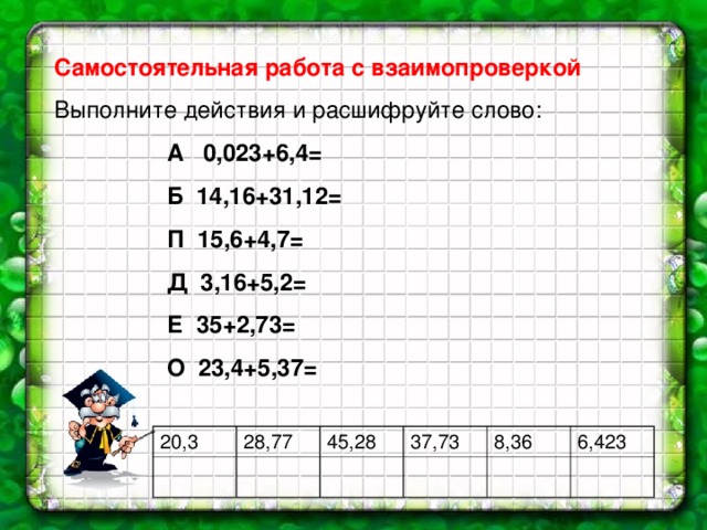 Самостоятельная работа с взаимопроверкой Выполните действия и расшифруйте слово:  А   0,023+6,4=  Б  14,16+31,12=  П  15,6+4,7=  Д  3,16+5,2=  Е  35+2,73=  О  23,4+5,37= 20,3 28,77 45,28 37,73 8,36 6,423