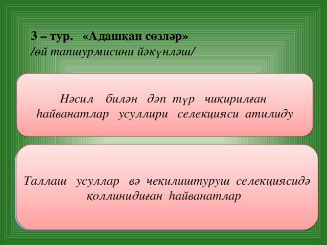 3 – тур. «Адашқан сөзләр» /өй тапшурмисини йәкүнләш/ Нәсил дәп һайванатлар селекцияси усуллири билән чиқирилған түрләр атилиду. Нәсил билән дәп түр чиқирилған һайванатлар усуллири селекцияси атилиду Таллаш усуллар вә чеқилиштуруш селекциясидә қоллинидиған һайванатлар Һайванатлар селекциясида қоллинидиған усуллар таллаш вә чеқилиштуруш.