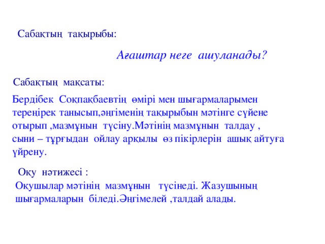 Сабақтың тақырыбы:  Ағаштар неге ашуланады? Сабақтың мақсаты: Бердібек Соқпақбаевтің өмірі мен шығармаларымен тереңірек танысып,әңгіменің тақырыбын мәтінге сүйене отырып ,мазмұнын түсіну.Мәтінің мазмұнын талдау , сыни – тұрғыдан ойлау арқылы өз пікірлерін ашық айтуға үйрену. Оқу нәтижесі : Оқушылар мәтінің мазмұнын түсінеді. Жазушының шығармаларын біледі.Әңгімелей ,талдай алады.