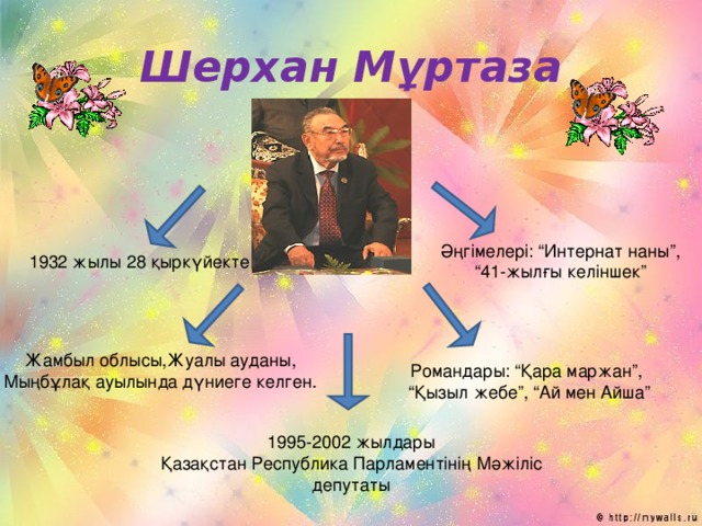 Шерхан Мұртаза Әңгімелері: “Интернат наны”, “ 41-жылғы келіншек” 1932 жылы 28 қыркүйекте Жамбыл облысы,Жуалы ауданы, Мыңбұлақ ауылында дүниеге келген. Романдары: “Қара маржан”, “ Қызыл жебе”, “Ай мен Айша” 1995-2002 жылдары Қазақстан Республика Парламентінің Мәжіліс депутаты