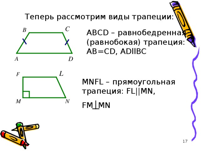 Теперь рассмотрим виды трапеции: ABCD – равнобедренная (равнобокая) трапеция: АВ= CD, ADllBC MNFL – прямоугольная трапеция: FL||MN, FM MN