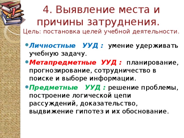 4. Выявление места и причины затруднения.  Цель: постановка целей учебной деятельности. Личностные УУД :  умение удерживать учебную задачу. Метапредметные  УУД :  планирование, прогнозирование, сотрудничество в поиске и выборе информации. Предметные  УУД : решение проблемы, построение логической цепи рассуждений, доказательство, выдвижение гипотез и их обоснование.