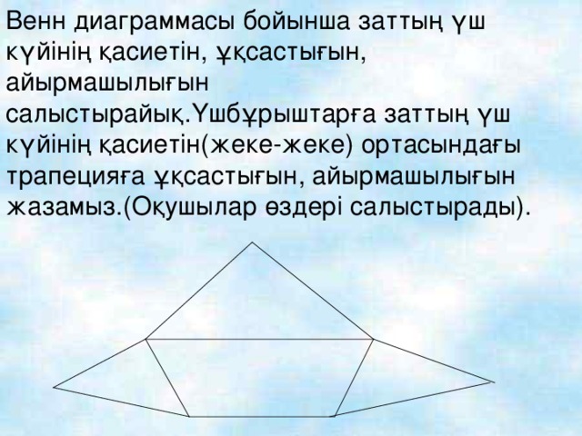 Венн диаграммасы бойынша заттың үш күйінің қасиетін, ұқсастығын, айырмашылығын салыстырайық.Үшбұрыштарға заттың үш күйінің қасиетін(жеке-жеке) ортасындағы трапецияға ұқсастығын, айырмашылығын жазамыз.(Оқушылар өздері салыстырады).