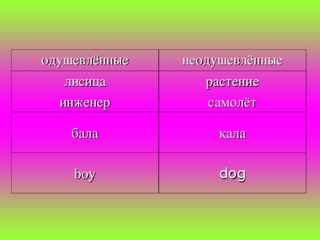 одушевлённые неодушевлённые лисица инженер растение самолёт бала қала boy dog