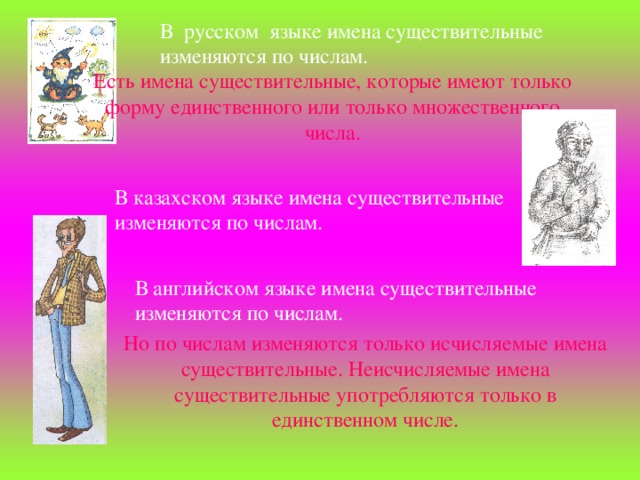 В  русском  языке имена существительные изменяются по числам. Есть имена существительные, которые имеют только форму единственного или только множественного числа. В казахском языке имена существительные изменяются по числам. В английском языке имена существительные изменяются по числам. Но по числам изменяются только исчисляемые имена существительные. Неисчисляемые имена существительные употребляются только в единственном числе.