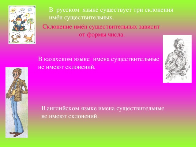 В  русском  языке существует три склонения имён существительных. Склонение имён существительных зависит от формы числа. В казахском языке имена существительные не имеют склонений. В английском языке имена существительные не имеют склонений.