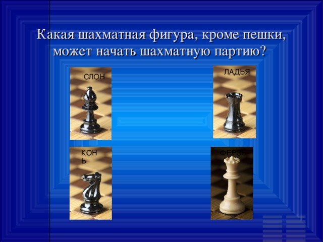 Какая шахматная фигура, кроме пешки, может начать шахматную партию? ЛАДЬЯ СЛОН КОНЬ ФЕРЗЬ