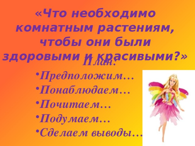 « Что необходимо комнатным растениям, чтобы они были здоровыми и красивыми?»  План: