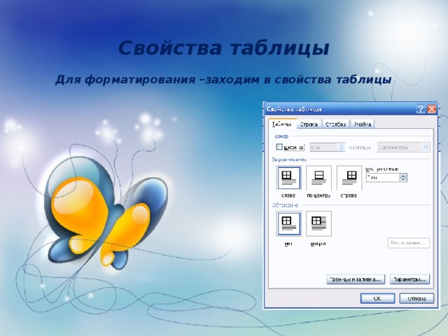 Свойства таблицы   Для форматирования –заходим в свойства таблицы